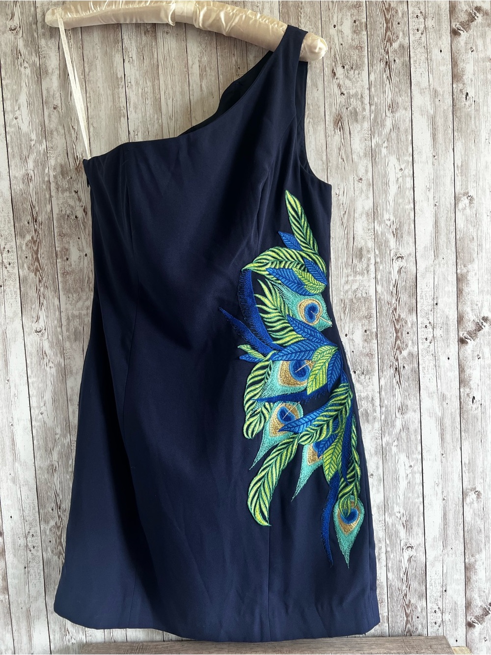 Lilly Pulitzer Jaime Navy One-Shoulder Dress Peacock Embroidery Resort Size 6